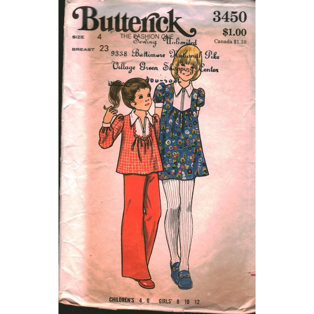 Vintage Butterick 3450 Girls Dress Smock Pants Sewing Pattern Size 4 Breast 23
